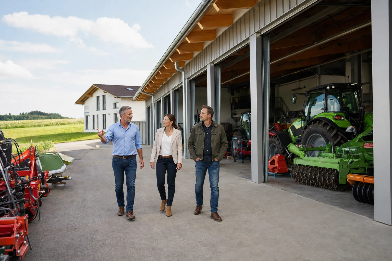 Kaufinteressenten besichtigen einen landwirtschaftlichen Technik- und Werkstattstandort