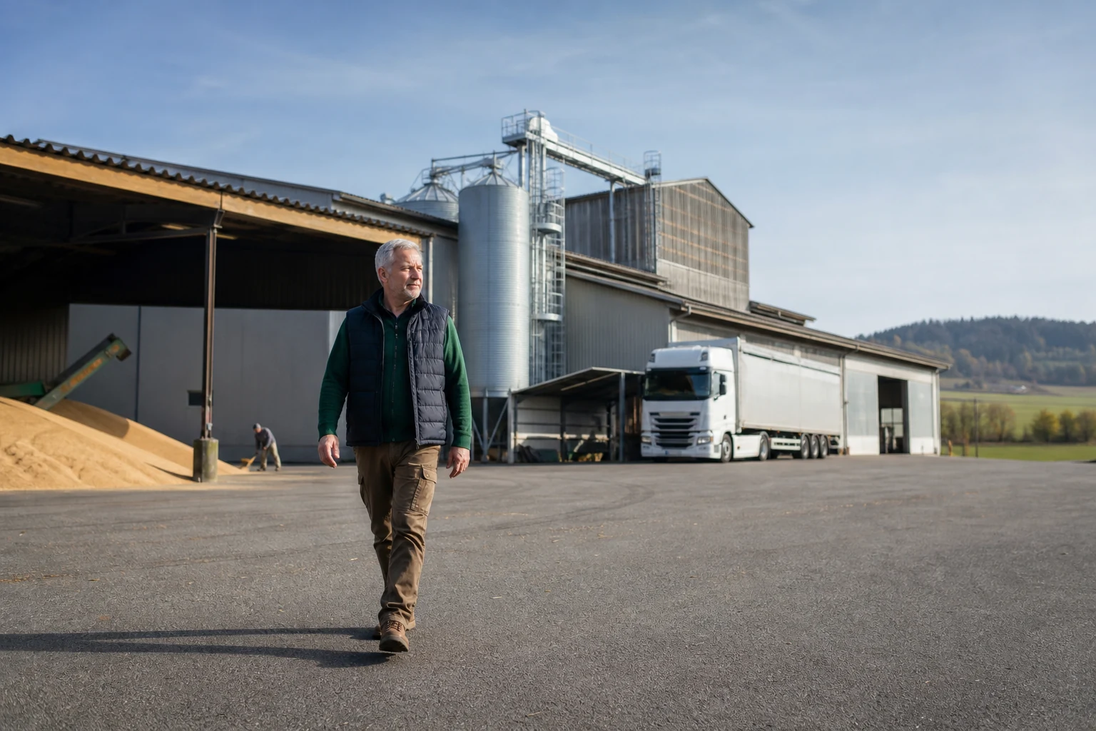 Geschäftsführer vor einem landwirtschaftsnahen Lager- und Logistikstandort